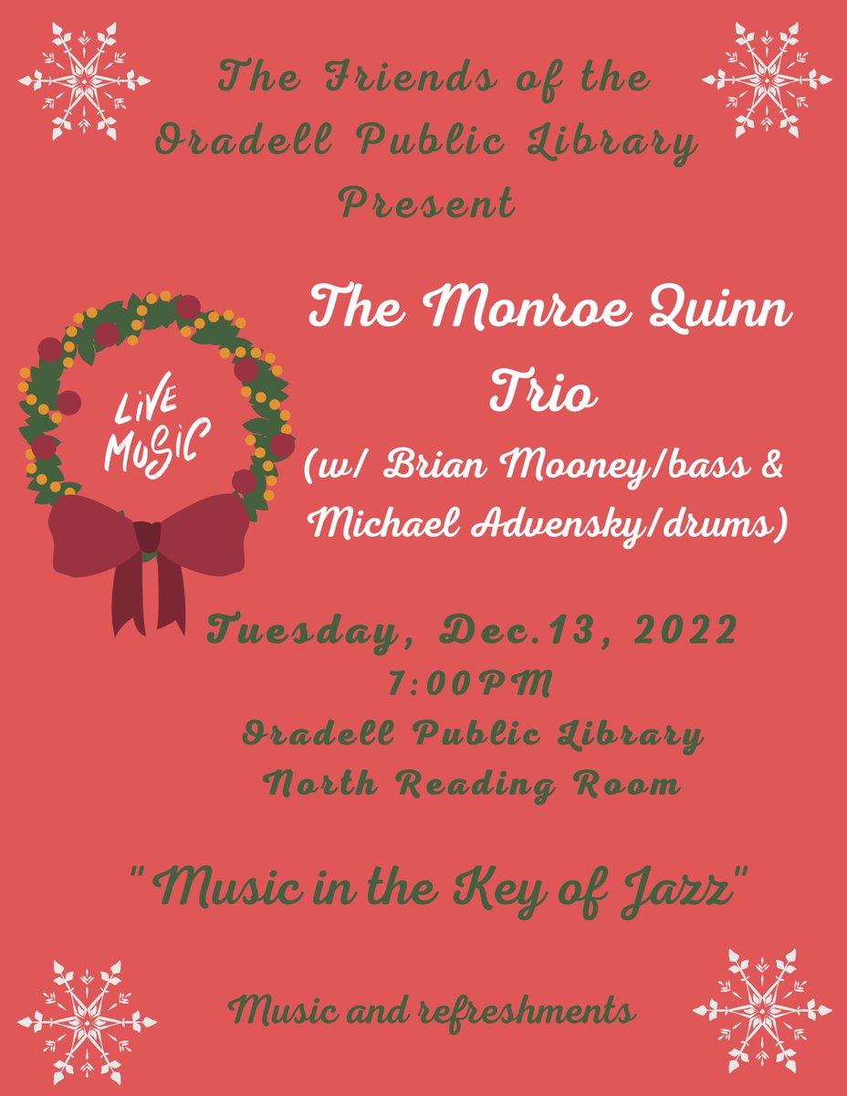 Next Tues 12/13 it's a FREE concert with The Monroe Quinn Trio. Come out for a great evening of jazzy holiday music. 
#oradellnj #holidaymusic #jazzguitar #livemusic #oradellpubliclibrary