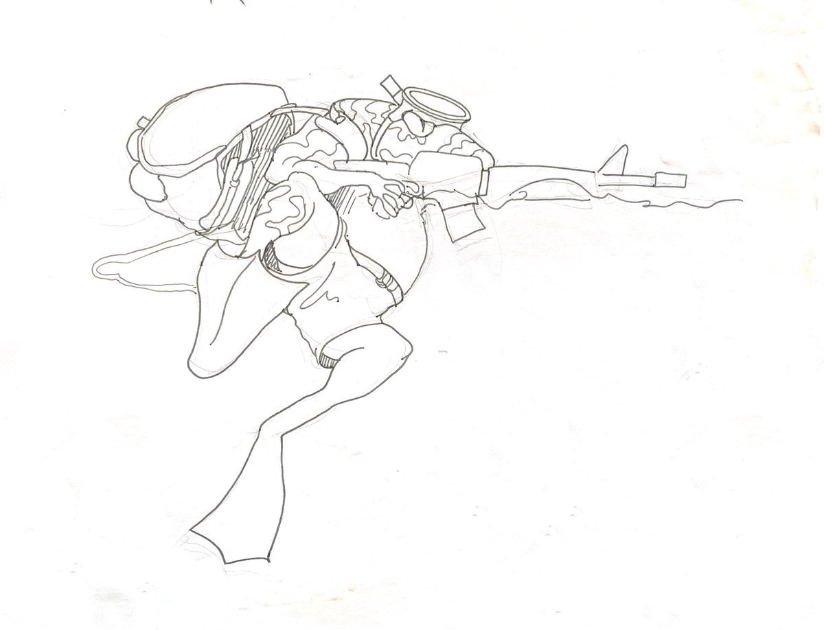 richmfitz's tweet photo. 1992 Concept sketch for a USMC Recon (Scout-Swimmer) t-shirt. #USMC #ReconMarine #SpecialForces #Scuba #UDT #MarineRecon #bullfrog #alicepack https://t.co/w5WZUKiT5b