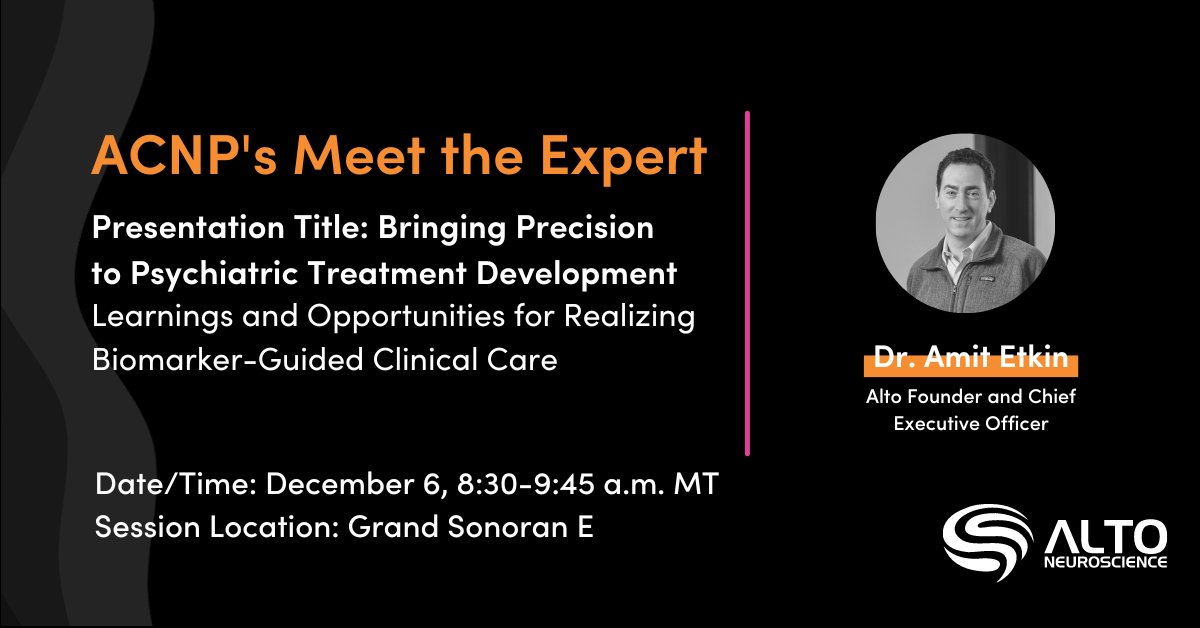 Attending #ACNP2022? Kick off Tuesday morning by attending the “Meet the Expert” session on #PrecisionPsychiatry from 8:30-9:45 a.m. MT, and meet our CEO <a href="/AmitEtkin/">Amit Etkin</a> to discuss all things #biomarkers in #neuropsychiatry! Learn more and register here: acnp.org/annual-meeting/
