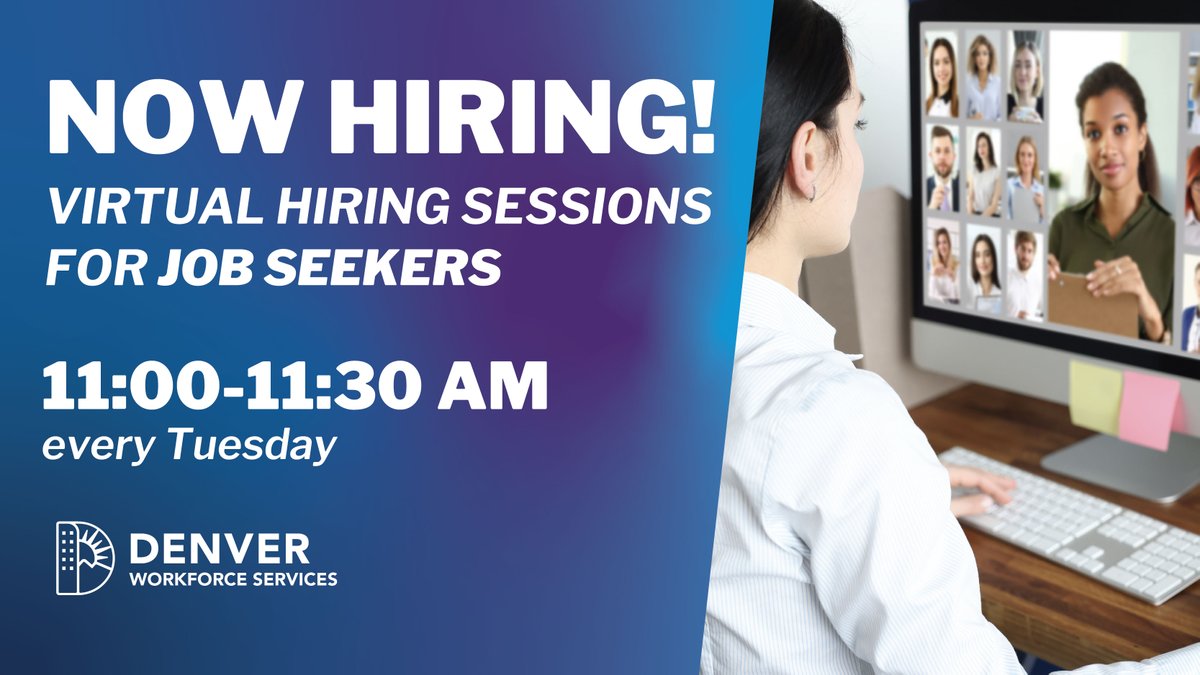 DenverOED's tweet photo. Join us tomorrow for our #NowHiring Virtual Hiring Sessions to keep you connected to employers in the Denver market. There will be time for Q&A! #DenverIsHiring Register here: https://t.co/4H0ce114jW https://t.co/PzTE7RmMrg