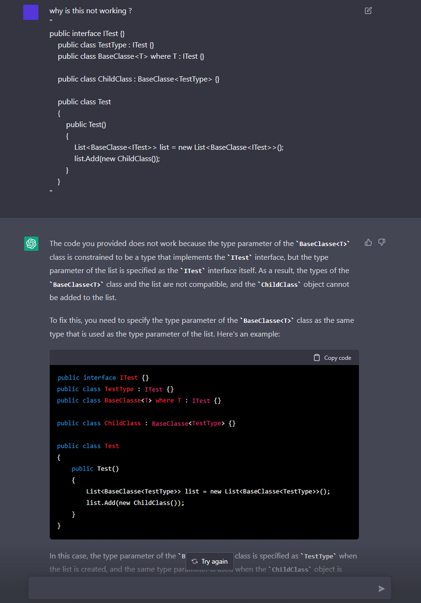 ChatGPT is insanely good... 😱
A simple "Why is this not working ? + [insert code]"
Yet a complicated generic &amp; inheritance problem in C#, and the answer is right on point... 🤯
StackOverflow needs to worry 🤣