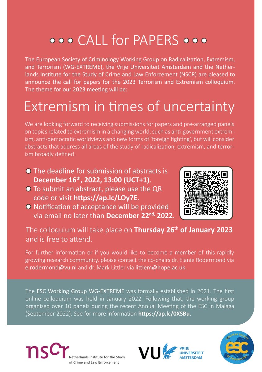 Call for papers - Extremism in Times of Uncertainty

The <a href="/esc_eurocrim/">European Society of Criminology</a> Working Group on Radicalization, Extremism and Terrorism welcome paper proposals for our forthcoming colloquium. Details below: