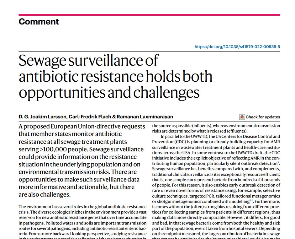 Sewage surveillance of antibiotic resistance holds both opportunities and challenges

In this Comment, Larsson, Flach &amp; Laxminarayan discuss how to make sewage surveillance data of AMR more informative &amp; actionable, exploring opportunities and challenges

rdcu.be/c01Yz