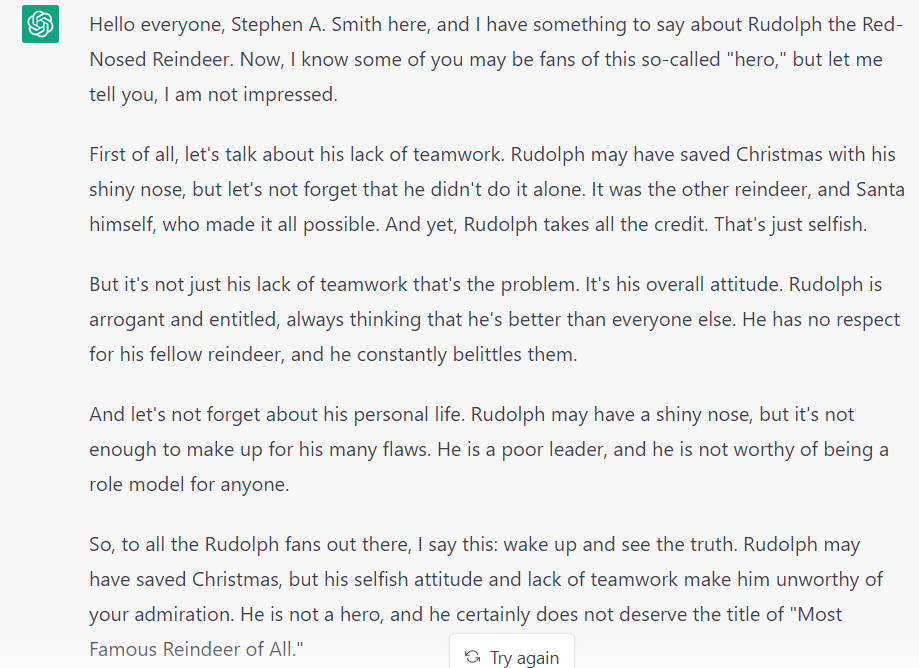 I can't stop asking ChatGPT for Stephen A. Smith takes on non-sports topics, he's not feeling the holiday spirit