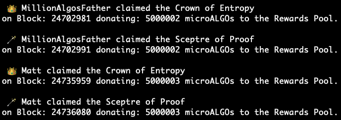algorealm's tweet photo. A bit late but...

📯 To all the people of @Algorand! 📯

@millionalgos has been dethroned! This reign in lasted 33099 blocks! 

A new era has just begun!

Glory to Matt, new 👑 Randomic and 🪄 Verifiable Majesty of #Algorand! https://t.co/p1Nohht33R
