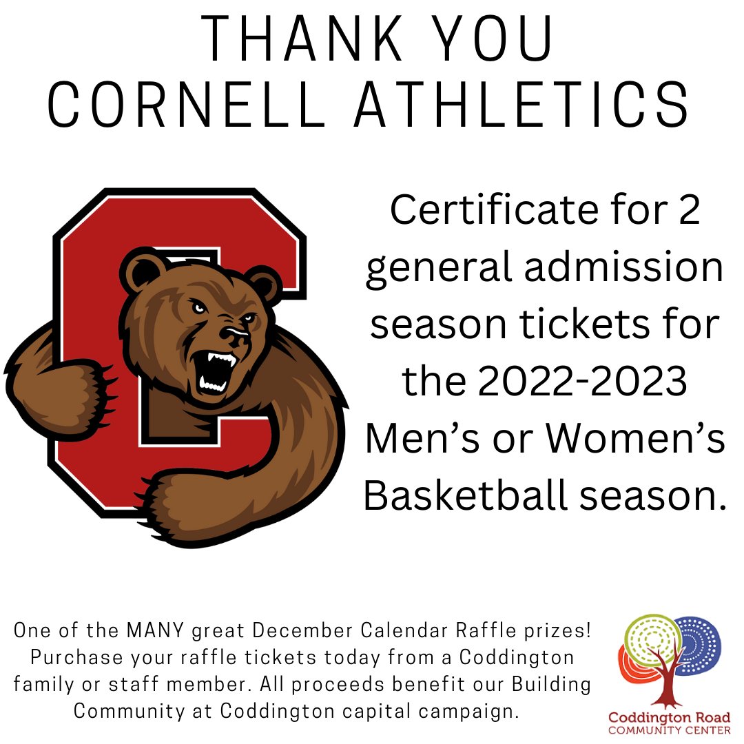 Winner Announcement! The randomly selected winner of our December Calendar Raffle for December 2nd is Jessica Sczepanski! Today’s prize was a certificate for 2 general admission season tickets for the Cornell 2022-2023 Men’s or Women’s Basketball season!