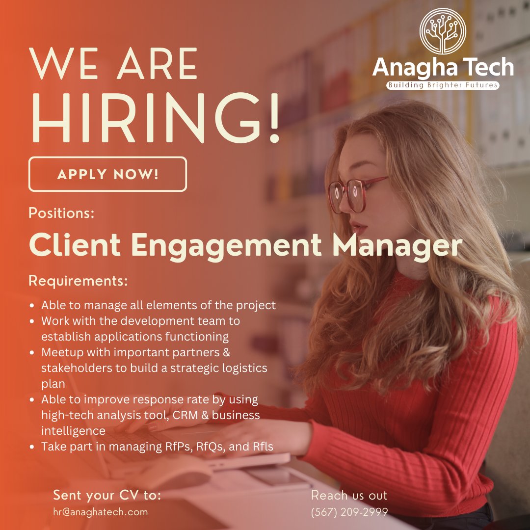 Anagha_Tech's tweet image. We&apos;re hiring a Client Engagement Manager; if you&apos;re looking for a greater opportunity to work; then this is for you!

Send your CV/Resume to hr@anaghatech.com or call: (567) 209-2999

#clientengagementmanager #CEM #manager #wearehiring #hiring #hiringnow #anaghatech