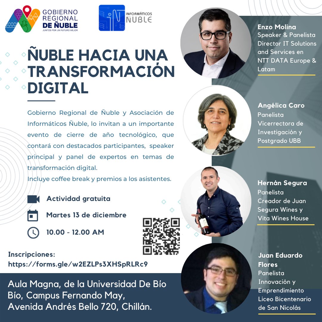 - Incluye coffe break y premios a los asistentes.
- Actividad gratuita

Fecha y hora: Martes 13 de diciembre, de 10 a 12 hrs.
Ubicación: en Aula Magna, de la Universidad De Bío Bío, Campus Fernando May, Avenida Andrés Bello 720, Chillán.

Inscripciones: forms.gle/w2EZLPs3XHSpRL…