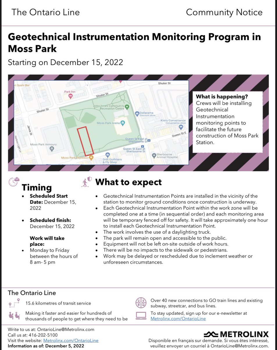 Metrolinx will be installing Geotechnical Instrumentation Points at Moss Park on December 15, 2022.
 
Please reach out to the Ontario Line directly at OntarioLine@Metrolinx.com with any questions or concerns

#OntarioLine #Metrolinx #MossParkStation