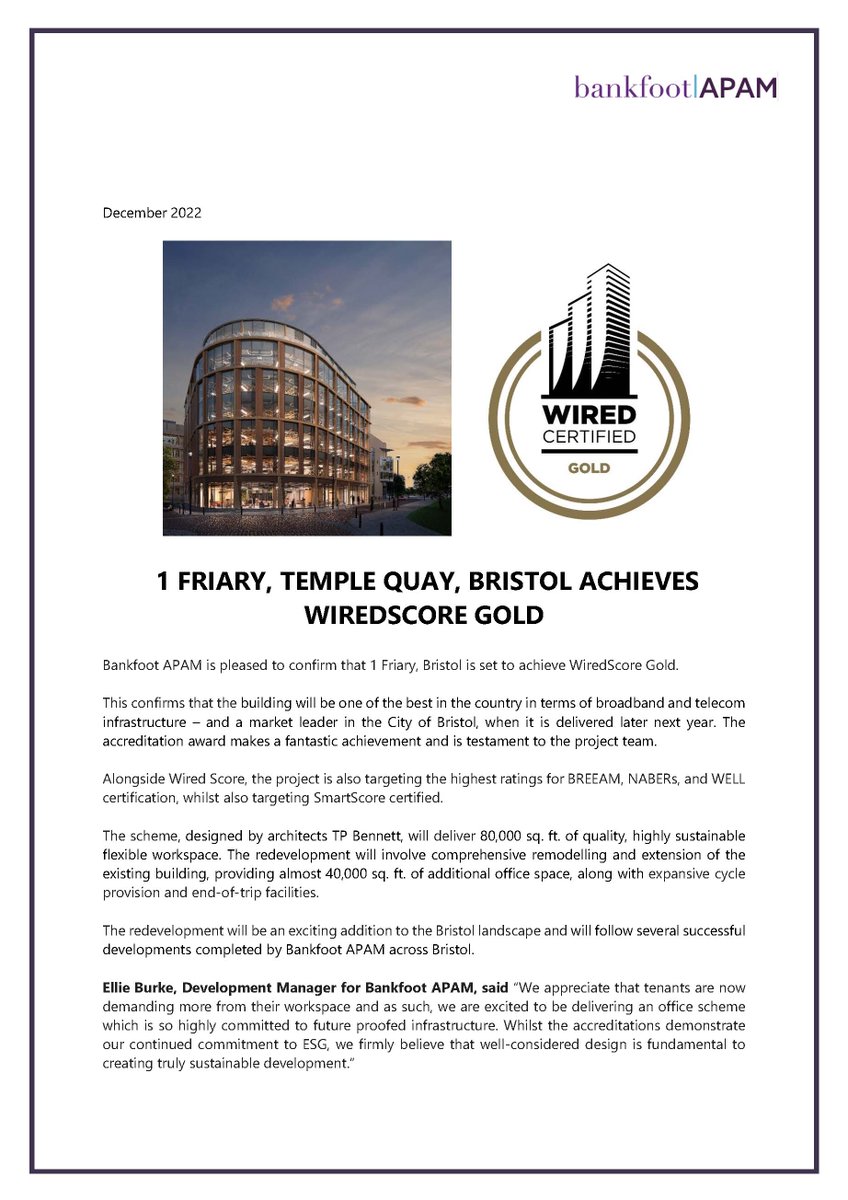 BankfootAPAM's tweet photo. We are pleased to confirm that 1 Friary, Bristol is set to achieve WiredScore Gold.
 
This confirms that the building will be one of the best in the country in terms of broadband &amp; telecom infrastructure &amp; a #marketleader in the City of Bristol, when it is delivered next year. https://t.co/GqHxKD6CY0