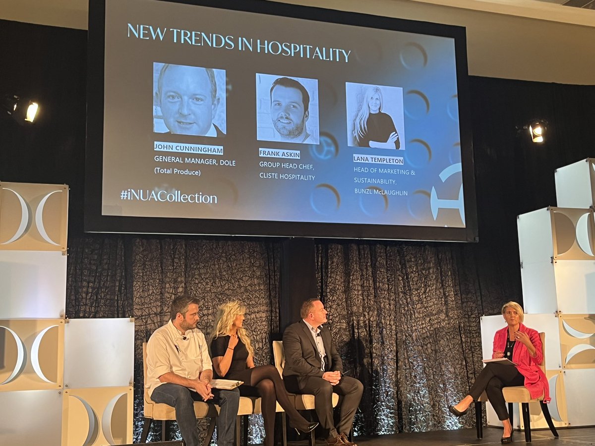SeanK_OD's tweet photo. We are delighted to welcome John Cunningham, GM at Dole Food Company Ireland and Lana Templeton, Head of Marketing &amp; Sustainability Bunzl Ireland and Frank Askin, Group head chef at @iNUAHospitality to discuss new trends in procurement and sustainability https://t.co/J1NpOR6oh7