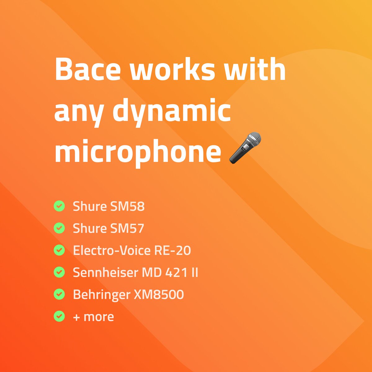bace_tech's tweet image. Bace works with any dynamic microphone 🎤

✅ Shure SM58
✅ Shure SM57
✅ Electro-Voice RE-20
✅ Sennheiser MD 421 II
✅ Behringer XM8500
✅ + more

#bace #midicontroller #voicecontroller #voicetomidi #DynamicMicrophone #midi #shuresm58 #shuremicrophones