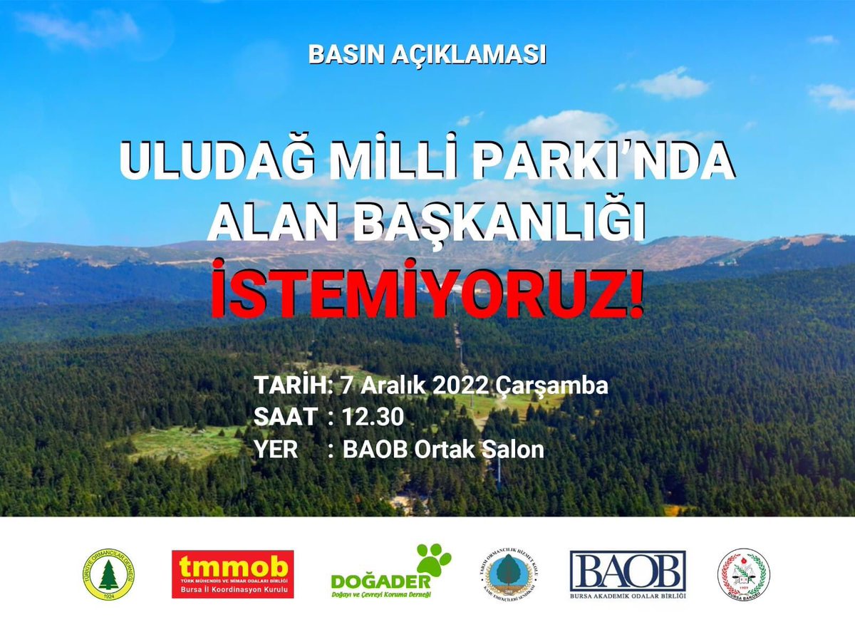 dogader's tweet photo. Uludağ'daki Alan Başkanlığı yasa tasarısına karşı 07 Aralık Çarşamba günü 12:30'daki basın açıklamasına Uludağ ve Bursa'yı seven tüm Bursa'lılar davetlidir.
#uludagdaalanbaskanligiistemiyoruz #dogader https://t.co/AJK1kQqrzQ