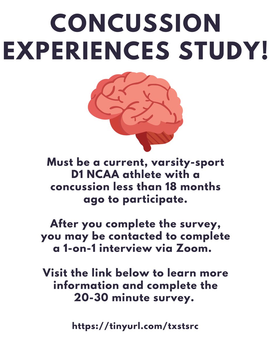 Seeking current varsity sport Div 1 NCAA athletes who sustained a sport-related concussion in the last 18 months. We are conducting a research study to learn more about your recovery experiences. See flyer. Plz RT

Survey Link: tinyurl.com/txstsrc

<a href="/NATA1950/">NATA</a> <a href="/SWATAD6/">SWATA</a>