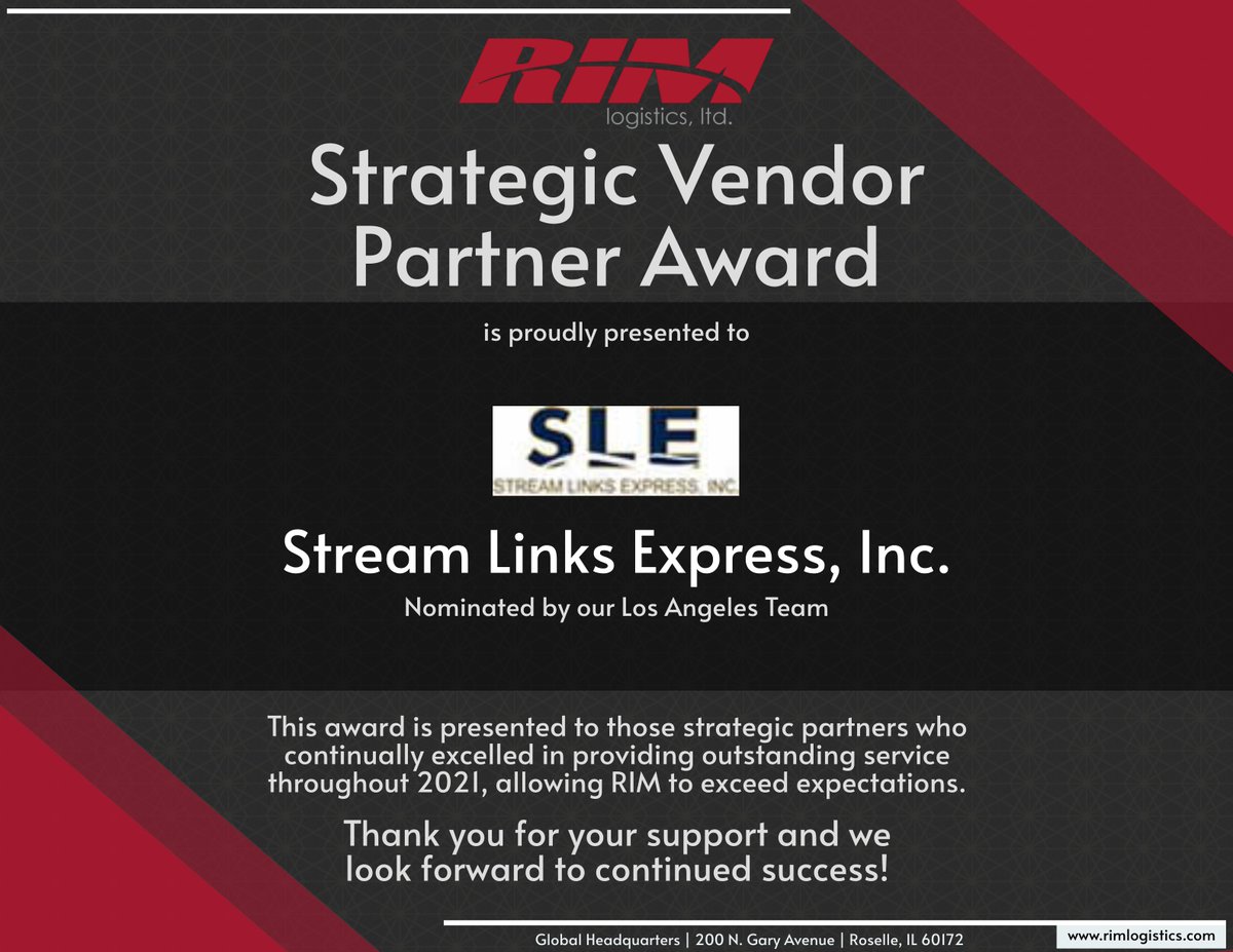 RIMlogistics's tweet photo. Congratulations, Stream Links Express, Inc! 🎉
#strategicvendoraward #ONERIM https://t.co/vTi5nPLMYg