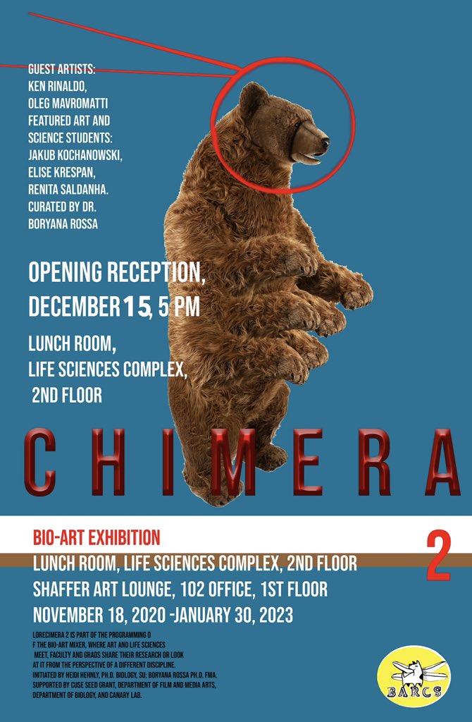 Come see our Pop-Up exhibit Chimera 2 on the second floor lunch room in Biology LSC, we’ll be celebrating Dec 15 at 5. <a href="/SUBiology/">Syracuse University Biology Department</a> @ArtSciencesSU