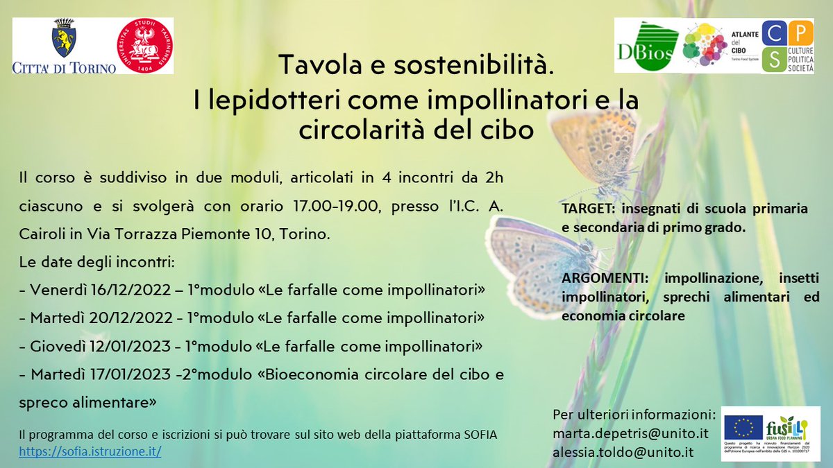 The new course on #food and #sustainability is about to begin in <a href="/twitorino/">Città di Torino</a>, promoted by the European <a href="/Fusilli_project/">Fusilli_project</a>, to provide teachers with new teaching #tools to reduce students' ecological footprint 👣
INFO👉 lnkd.in/dZVFAYwq
#TCLeuropeanprojects
