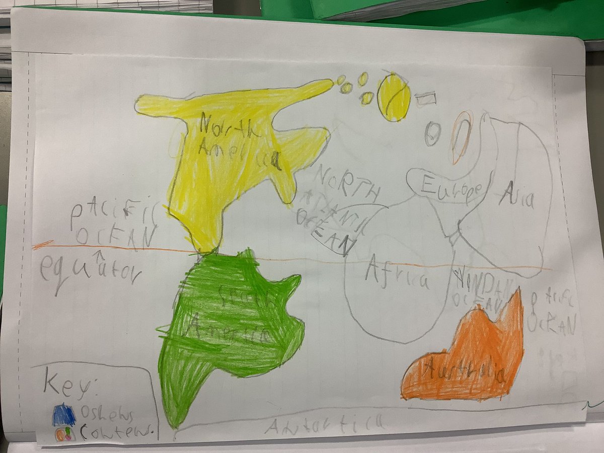 nhpyr2's tweet photo. Today, in Elm class, we learnt to use an atlas. Then, we drew our map of the world. Finally, we indicated the five oceans and the seven continents. https://t.co/9EbontJE4a