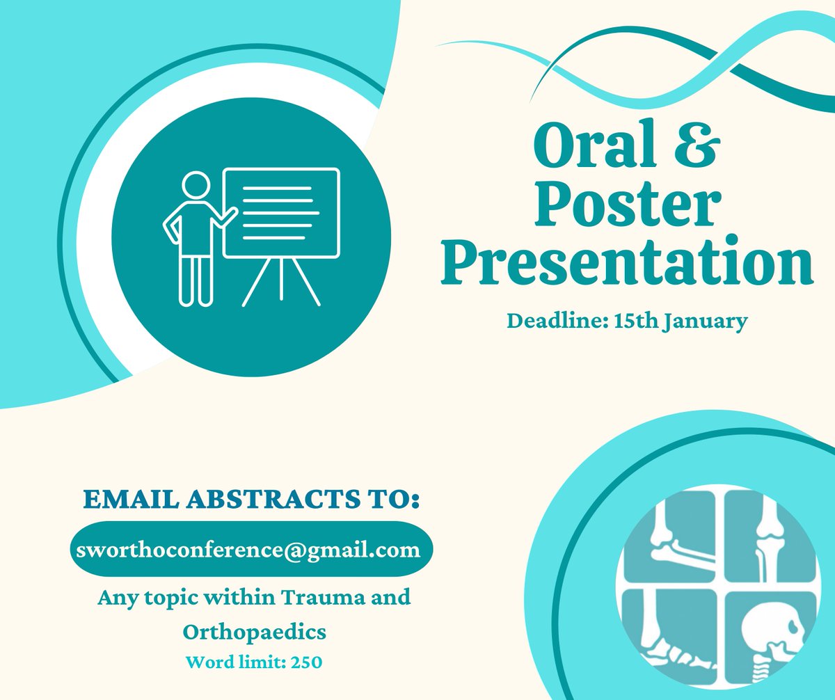 sworthoconf's tweet image. *ORAL &amp;amp; POSTER PRESENTATION AT A NATIONAL CONFERENCE*
We are delighted to announce our Oral and Poster Presentation competition at the Southwest Orthopaedic Conference 2023. This is a great opportunity to present any work you have done within the field of Trauma and Orthopaedics!