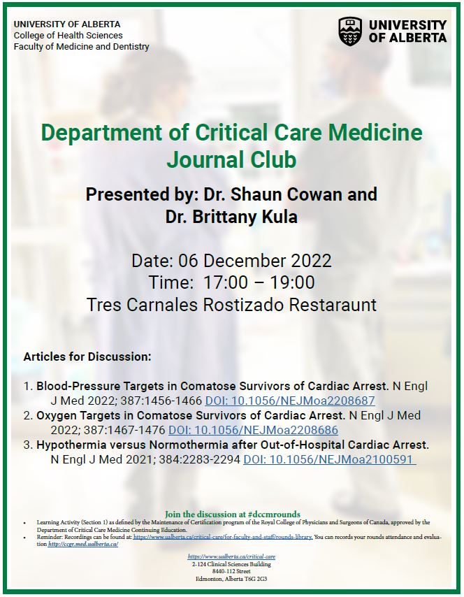 Please join us Tuesday December 6th for Critical Care Medicine Journal Club. Dr. Shaun Cowan and Dr. Brittany Kula will be presenting. #dccmrounds @ScrofKula