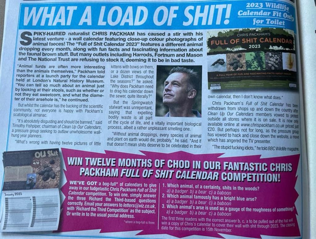 ChrisGPackham's tweet image. So good ! Thank you @vizcomic for featuring my shit calendar . You can buy it here . . . chrispackh.am/shit