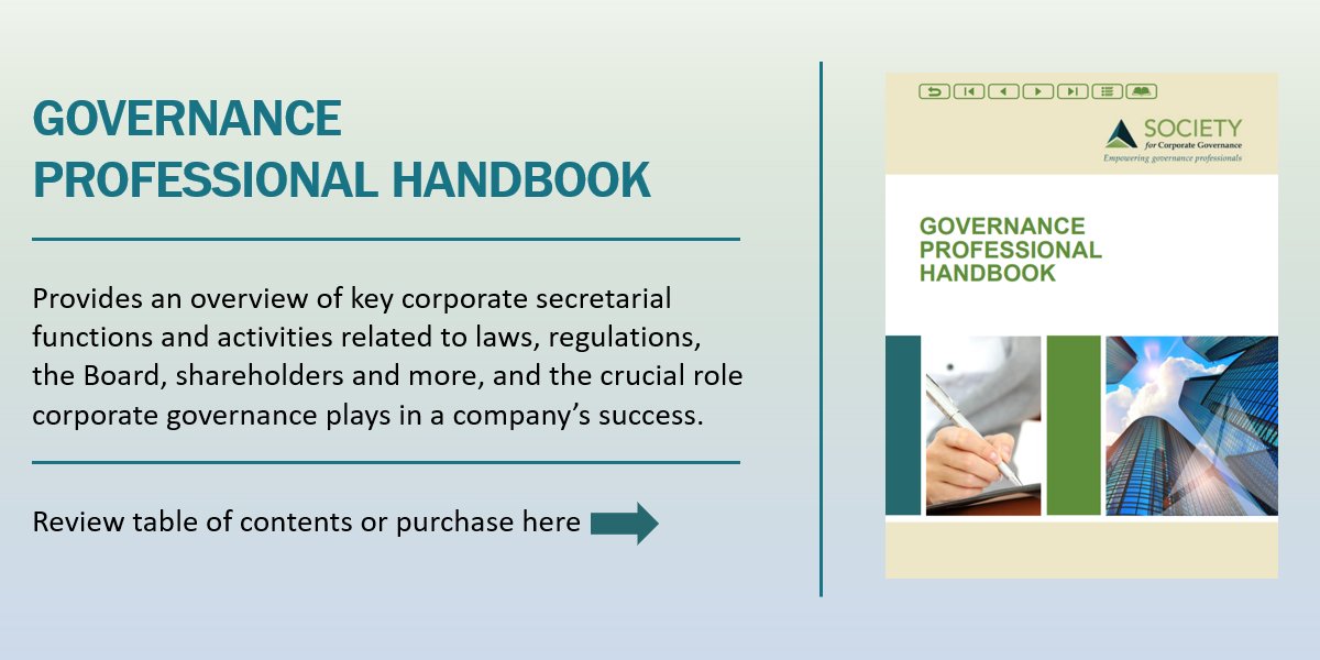 Looking for a corporate governance resource? The Governance Professional Handbook is all you need. View the table of contents and purchase the Handbook at lnkd.in/dpfFR6T. #corpgov #boardgovernance #governance