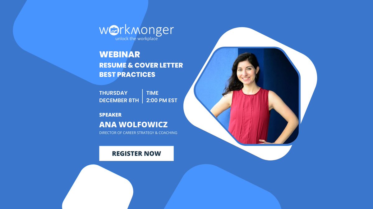 WorkTogetherTC's tweet photo. WorkMonger Career Webinar
#Resume &amp; Cover Letter Best Practices
Date/Time: December 8th @ 2 pm EST

Learn the best practices for updating your resume and cover letter documents to optimize your next search!

Register Today: https://t.co/N36yyrB2t2

#webinar #resume #coverletter https://t.co/vENWYmskev