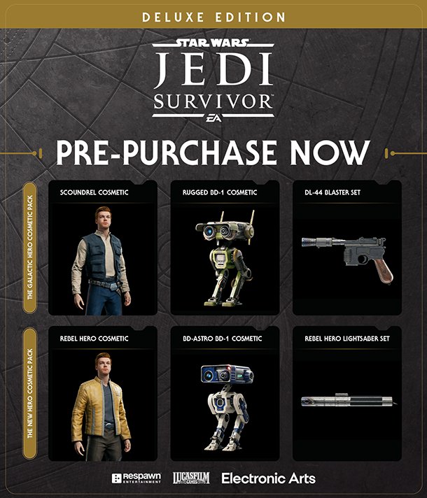 SWSpel's tweet photo. Star Wars Jedi: Survivor Deluxe Edition innehåller Luke Skywalker och Han Solo-inspirerade kosmetika för Cal Kestis!

#StarWarsJediSurvivor #StarWarsSpel https://t.co/5cL5WDVn71