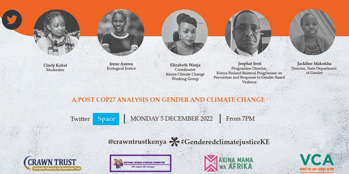 A rich panel for the #GenderedClimateJusticeKe 

Plug in via x.com/i/spaces/1gqxv…

<a href="/WeAreVCA/">Voices For Just Climate Action</a> <a href="/crawntrustkenya/">CRAWN TRUST</a> <a href="/gender_ke/">State Department for Gender Affairs - Kenya</a>
