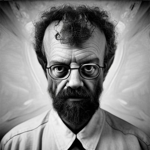 Got bored with AI so here's "M.C. Escher drawing a portrait of Terence McKenna after they smoked hash together" (1/4)