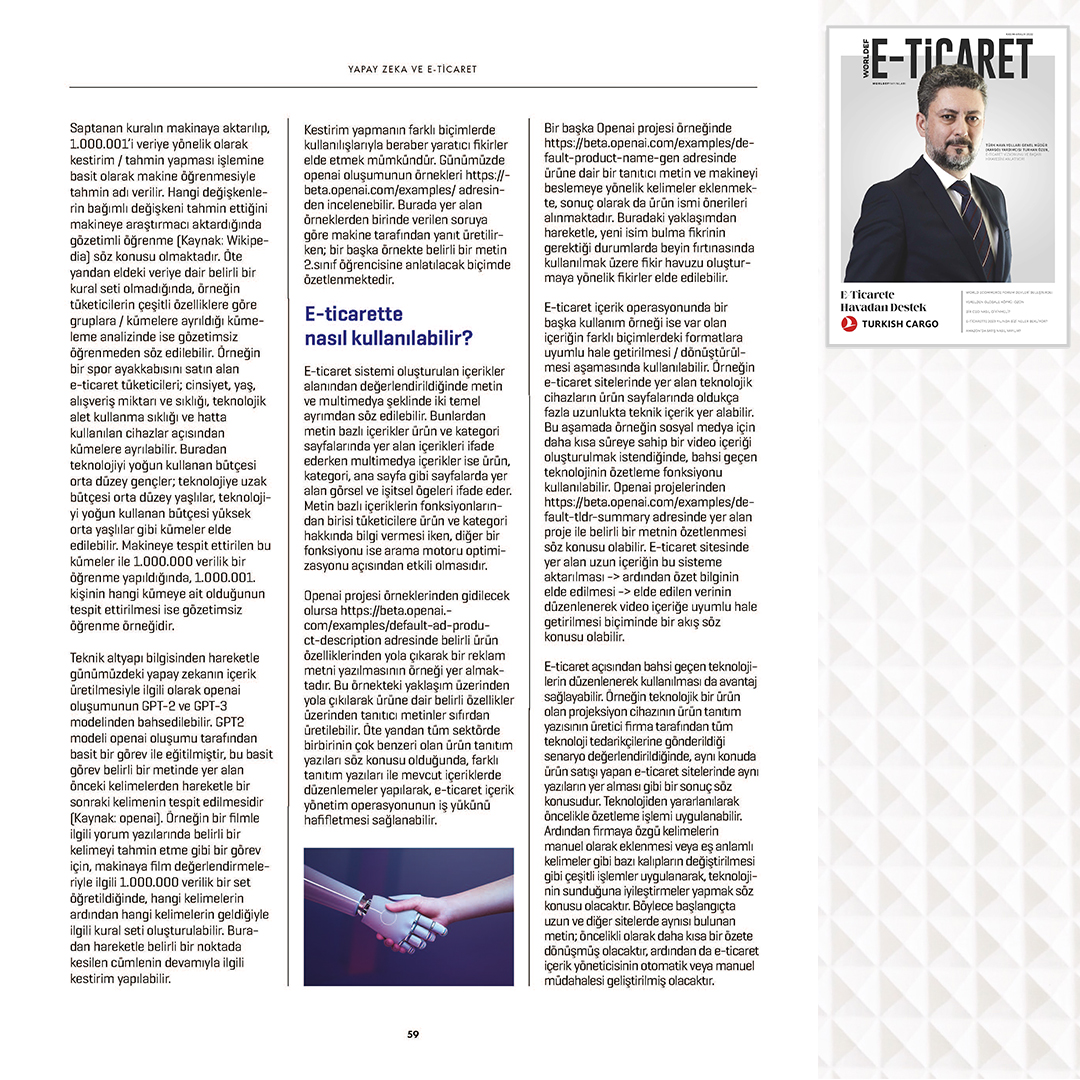 fatihsertank's tweet photo. Worldef E-Ticaret Dergisi'nin Kasım-Aralık 2022 sayısı için  dördüncü köşe yazımı kaleme aldım 🤓
Bu yazımın konusu "Yapay Zeka ve E-Ticaret" oldu. #pazarlamafatihi #akademifatihi #eticaret #yapayzeka #worldef #worldefmagazine | @worldefnet https://t.co/UUqEEXSc1k