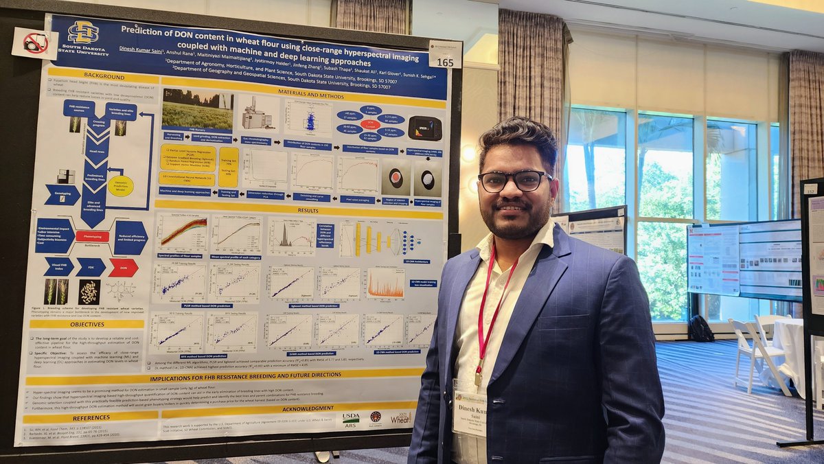 My poster is up! If you are at National FHB Forum, please stop by my poster #165 from 5:30 to 6:15 to talk about DON prediction in wheat flour using Hyperspectral imaging coupled with ML and DL  approaches.
<a href="/USWBSI/">USWBSI</a>
<a href="/wheatsd/">SD Wheat </a>
<a href="/SDState/">South Dakota State University</a>
<a href="/WheatInnovation/">SDSU Winter Wheat Breeding</a>
<a href="/AHPSGradProgram/">SDState AHPS Graduate Program</a>
#fhbforum2022