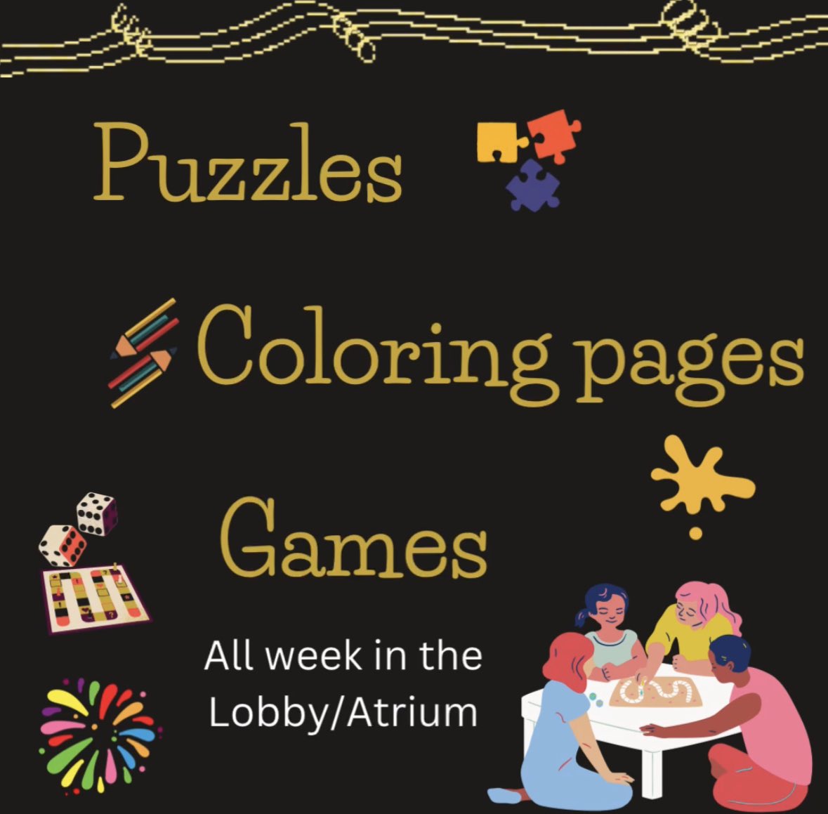 MUlibrary's tweet image. It’s finals week! The library will have a variety of activities to help you take a break and recharge. Take a moment for yourself and stop by during the week for Wii gaming, lego building, coloring pages, puzzles, and games!