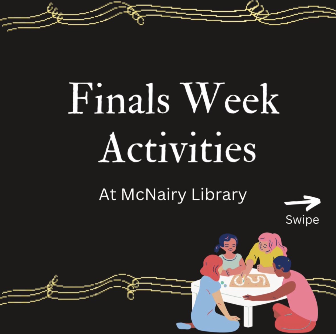 MUlibrary's tweet image. It’s finals week! The library will have a variety of activities to help you take a break and recharge. Take a moment for yourself and stop by during the week for Wii gaming, lego building, coloring pages, puzzles, and games!