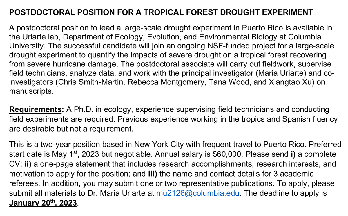CMSmithMartin's tweet photo. 📢📢Postdoc position for tropical forest drought experiment 🚨🚨

Aplication deadline: January 20th, 2023

A postdoc position for a large-scale drought experiment in Puerto Rico in the Uriarte lab, Department of E3B at Columbia University. See details in the attached image: https://t.co/pt8KyVuUSz