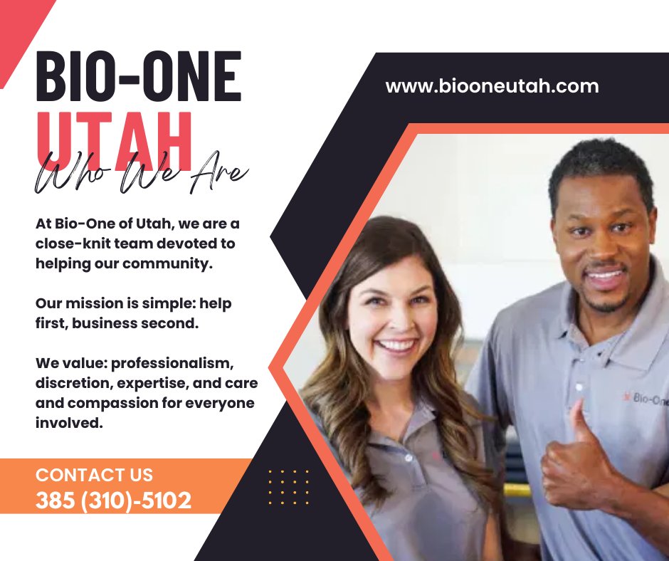 BioOneUtah's tweet image. WHO.WE.ARE
Learn more at biooneutah.com or call us to book an appointment 385-310-5102 #biooneutah #sanitation #cleaningservicesutah #cleaninghacks #biohazard