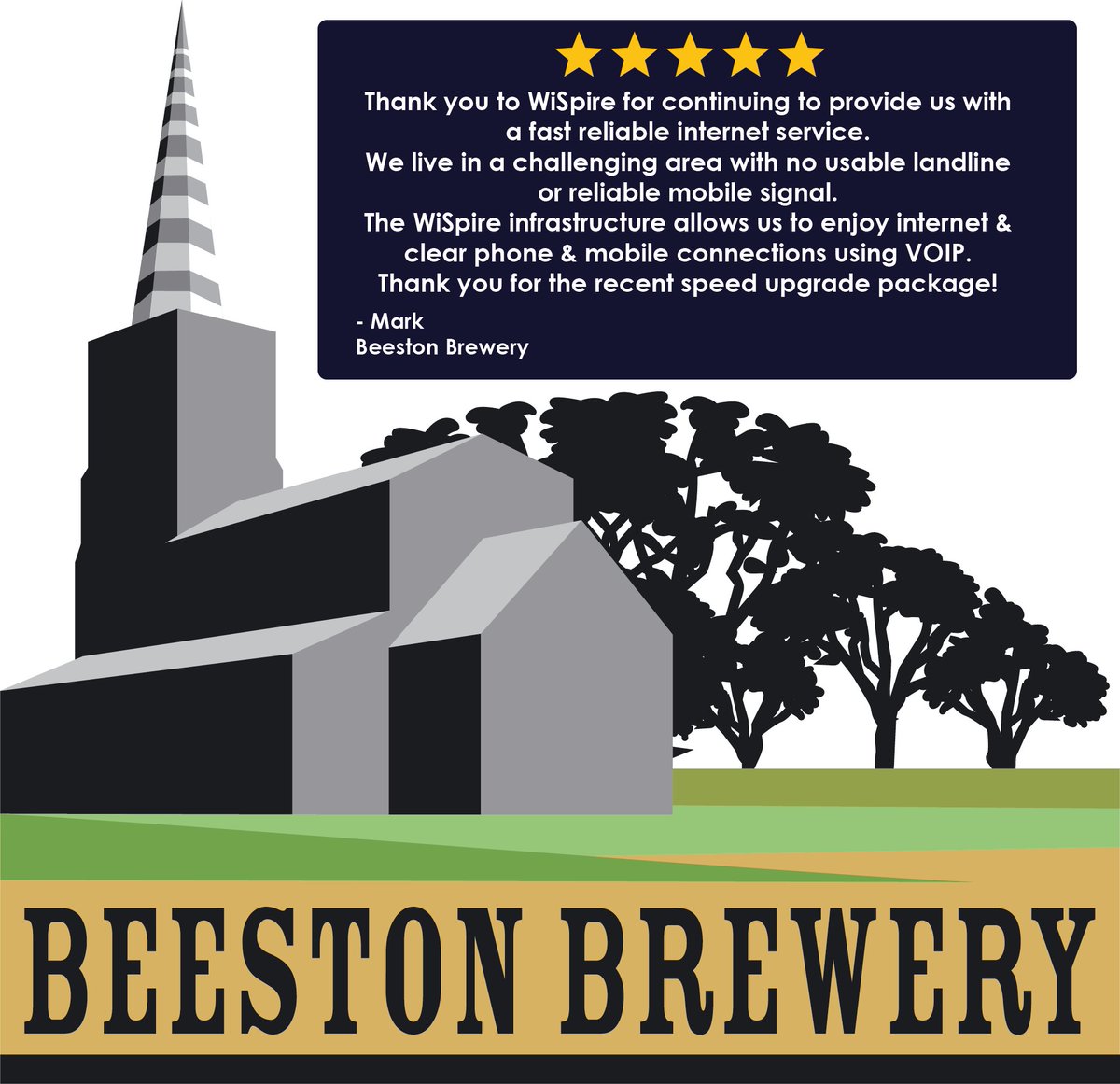 We wanted to share feedback from one of our fantastic WiSpire customers, Mark from Beeston Brewery.

"Thank you to WiSpire for continuing to provide us with a fast reliable internet service"

Are you living in a challenging area? Then call us today on 01603 904040

#Wispire #wifi