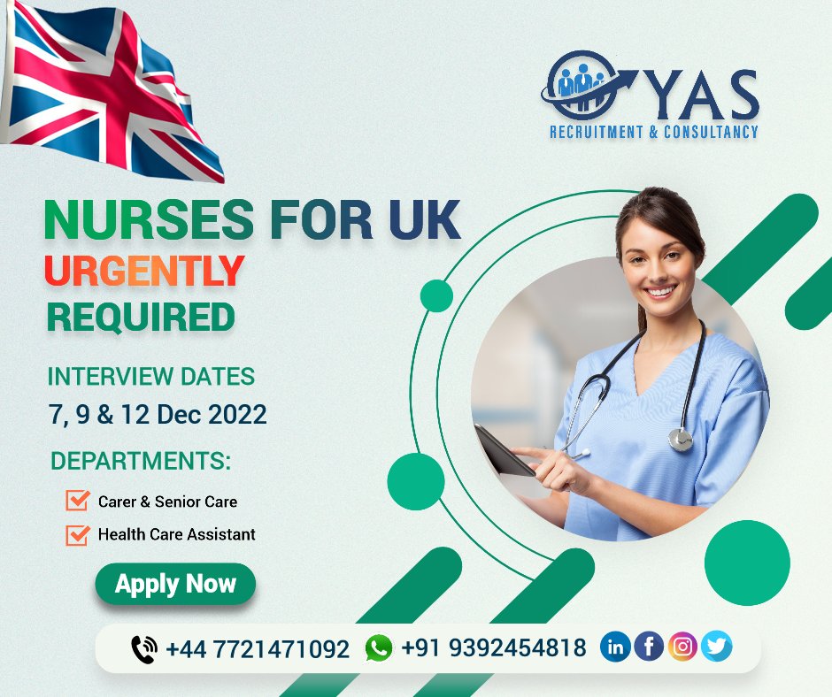We are hiring immediately. Nurses for uk urgently required. Nurses & HealthCare Assistants. Call now! For enquiries & visit :
🌐yasrecruitment.com/apply-now ☎ +91-9392454818 #YASRecruitment  #Jobs #Careers #HealthCare #HealthCareJobs #Seniorcarers #UK #CareworkerstoTheUK #SeniorCarer