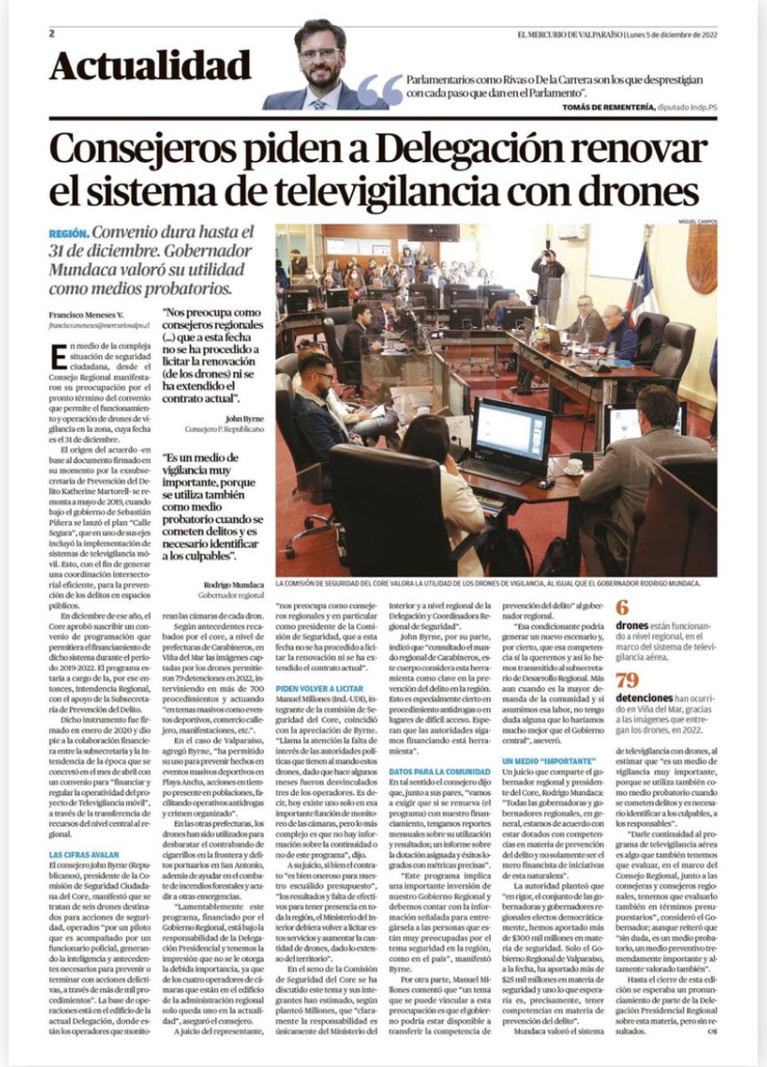 <a href="/GobiernodeChile/">Gobierno de Chile</a> y <a href="/min_interior/">Ministerio del Interior</a> sin sentido de urgencia en seguridad. El 31/12/2022 la V Región se queda sin drones que dejó el gob de <a href="/sebastianpinera/">Sebastian Piñera</a>: 700 procedimientos policiales y 79 detenidos en 2022. Qué pasa en las otras 11 regiones con tele vigilancia