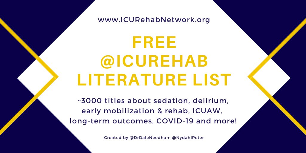NydahlPeter's tweet photo. The @icurehab literature list is updated!
Now including 795 trials and 255 (systematic) reviews about early mobilization and ICU rehab!
Plus references about delirium, outcome, Covid-19, ICUAW, and many more...
Thanks to @DrDaleNeedham 
"Bibliography" on https://t.co/5n4YblWuja https://t.co/c78A9OavCe