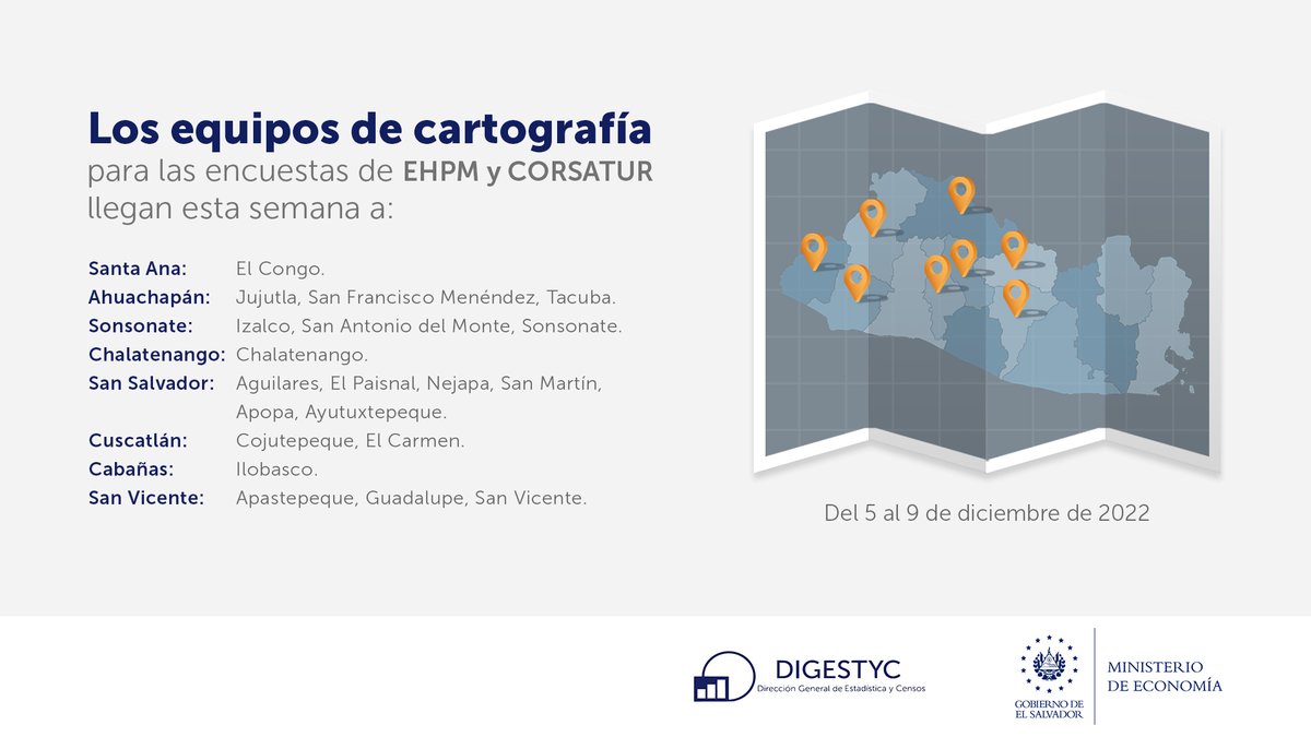 EconomiaSV's tweet photo. 📢 Del 5 de diciembre al 9, equipo de #DIGESTYC recabará datos socioeconómicos y demanda turística interna, a través del mapeo y encuestas:
✅Hogares de Propósitos Múltiples #EHPM
✅MITUR

Del 5 de diciembre al 11:
✅Uso del Tiempo

👇Aquí los detalles: https://t.co/j1gajmhoxx
