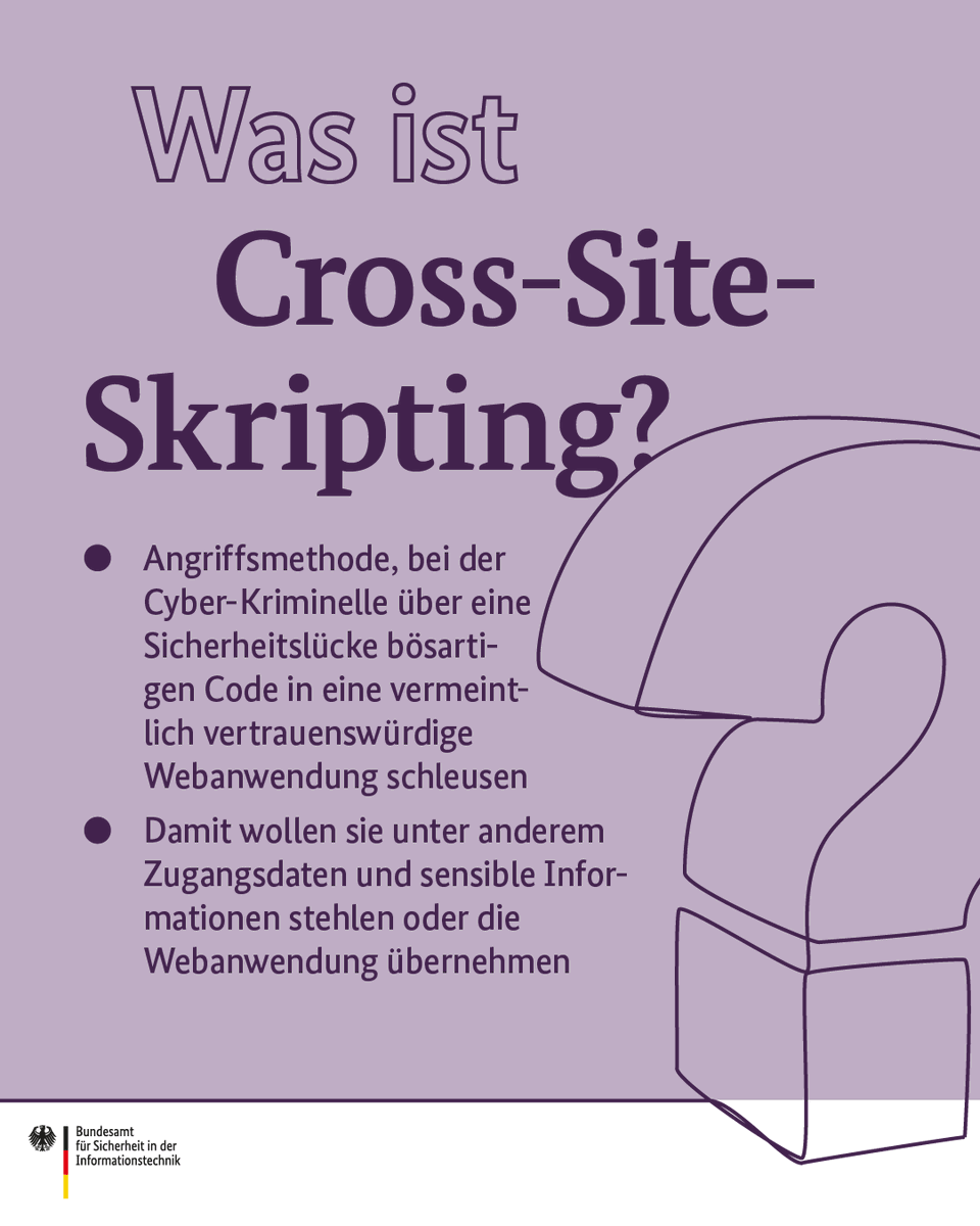 BSI_Bund's tweet photo. Cross-Site-Scripting ist eine tückische Angelegenheit. 💡 Wenn ihr in eurem Browser Skripte wie JavaScript deaktiviert, kann euer Risiko sinken, Opfer eines solchen Angriffs zu werden. Alternativ können euch auch Browser-Addons helfen. 

#DeutschlandDigitalSicherBSI https://t.co/QY6wJODi2t