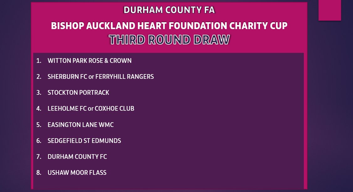 DurhamFA's tweet image. 🏆𝘿𝙐𝙍𝙃𝘼𝙈 𝘾𝙊𝙐𝙉𝙏𝙔 𝙁𝘼 𝘽𝙄𝙎𝙃𝙊𝙋 𝘼𝙐𝘾𝙆𝙇𝘼𝙉𝘿 𝙃𝙀𝘼𝙍𝙏 𝙁𝙊𝙐𝙉𝘿𝘼𝙏𝙄𝙊𝙉 𝘾𝙃𝘼𝙍𝙄𝙏𝙔 𝘾𝙐𝙋

The draw for the Durham County FA BAHF Charity Cup Third Round will be live on our YouTube Channel tomorrow afternoon. 

📺: youtube.com/@DurhamCFA