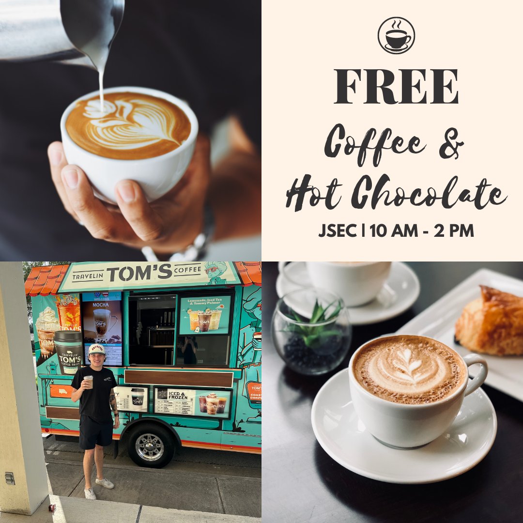 Feeling a little tired from Finals? Join us at the JSEC for our Low Stim Social feat. FREE coffee and hot chocolate from Tom's Travelin Coffee Truck!