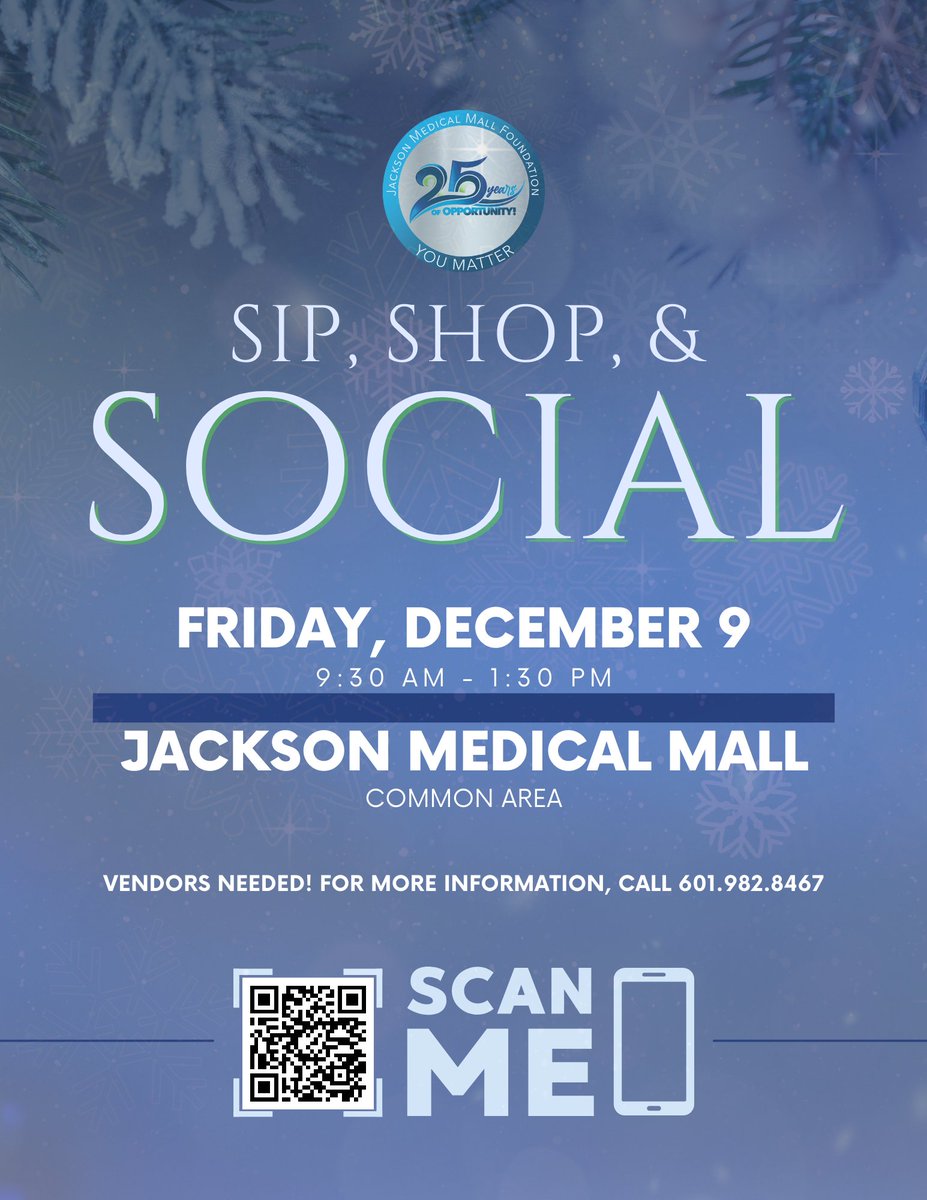 The JMM has two great events happening this week! Tickets are still available for Christmas in the City and can be purchased here jacksonmedicalmall.org/cic2022/. Also, if you're looking to support local businesses this holiday, stop by Sip, Shop, and Social this Friday! #JxnMedMall