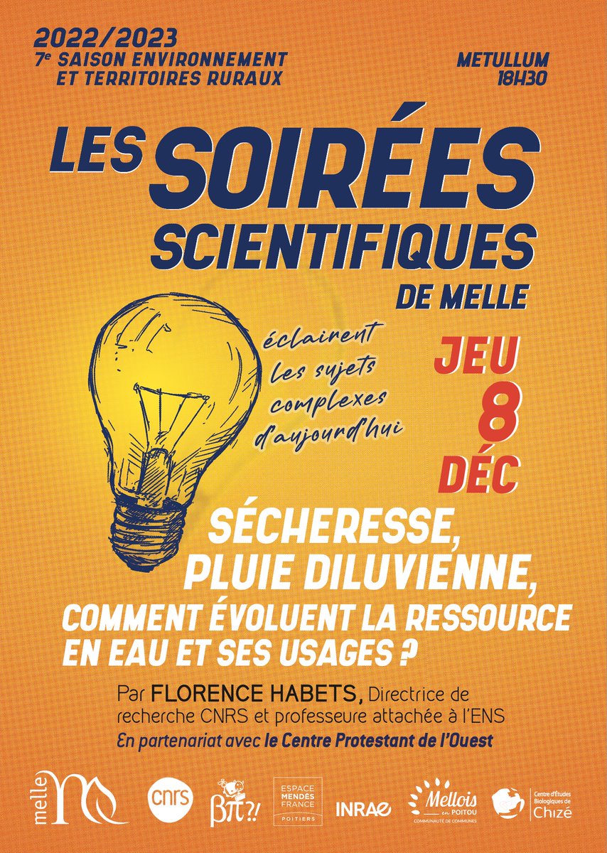 VilledeMelle's tweet photo. JEUDI 08 DÉCEMBRE - SÉCHERESSE, PLUIE DILUVIENNE, COMMENT ÉVOLUENT LA RESSOURCE EN EAU ET SES USAGES ?
Par Florence Habets, Directrice de recherche CNRS et professeure attachée à l'ENS. 
Entrée libre et gratuite
https://t.co/2CIt3dKSrZ
#villedemelle #melle #soirée #scientifique https://t.co/S9kep0ZWs6