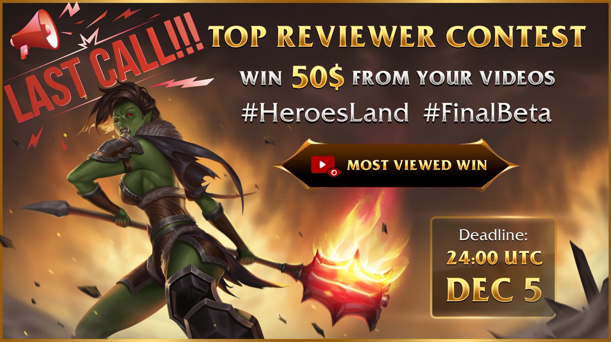 HeroesLand_P2E's tweet photo. 📺 POST YOUR HEROES LAND VIDEOS TO WIN $50

It’s time to share the love for Heroes Land! 

2 videos with the most views earn $50! 

Deadline: 24:00 UTC Dec 5

Upload your video on Youtube with hashtag #HeroesLand #FinalBeta now! https://t.co/GH0LeIYcwc