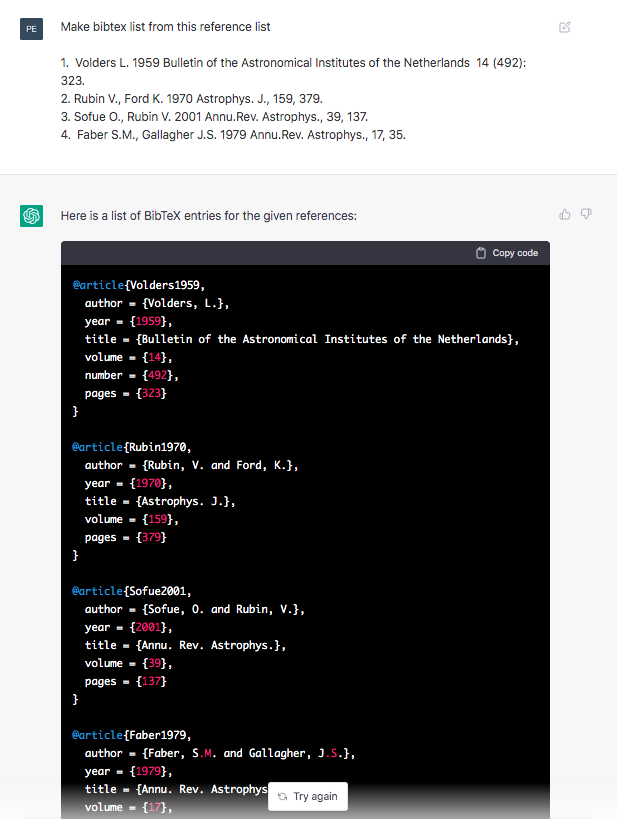 pervak's tweet photo. @sama #ChatGPT enables scientists to easily create BibTeX reference lists https://t.co/q91FrqyInM
