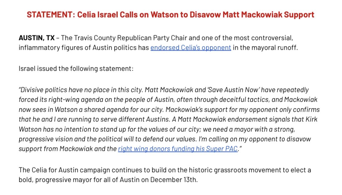 CeliaIsrael's tweet photo. The Travis County GOP Chair has endorsed my opponent.

Matt Mackowiak has repeatedly forced his right-wing agenda on the people of Austin, often through deceitful tactics, and he now sees in Watson a shared agenda for our city.

I’m calling on Kirk to disavow his support. https://t.co/oZMPX6ODKY