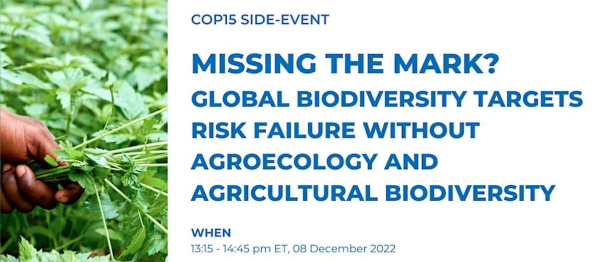 Are you attending #COP15 in Montréal or virtually?
 
Join this diverse panel as they discuss evidence in support of #agroecology as a fundamental basis for a global biodiversity strategy. #GBF
 
📅8 December, 13:15 PM
Register: eventbrite.nl/e/missing-the-… 
#ForNature